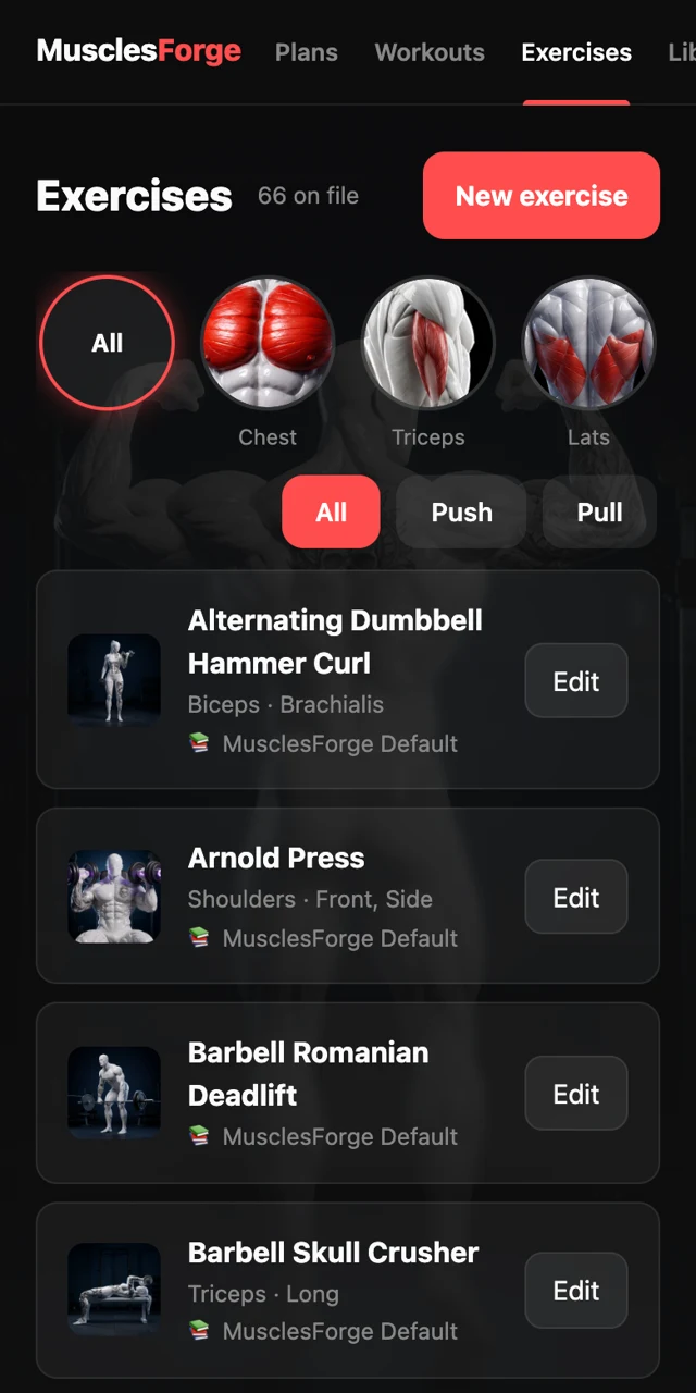 Exercises screen
